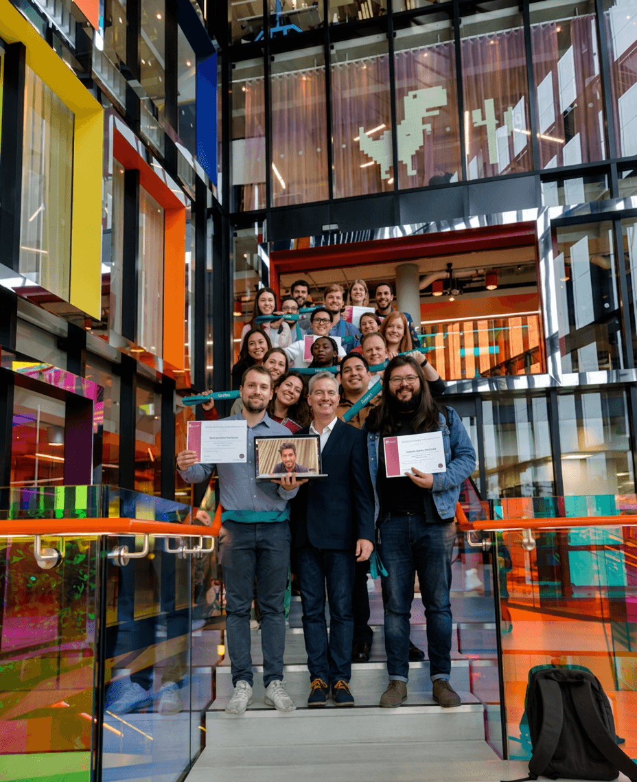Padraig McCabe with a training group at Google Dublin, holding certificates
